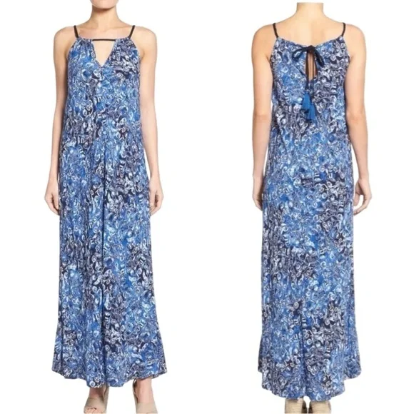 NWT LUCKY BRAND Indigo Floral Maxi Dress Boho Tassel Beach Dress Cover Up Size S - Picture 16 of 16